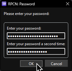 A screenshot of RPCS3's RPCN: Password menu with an obscured password set (twice for verification) and "OK" highlighted