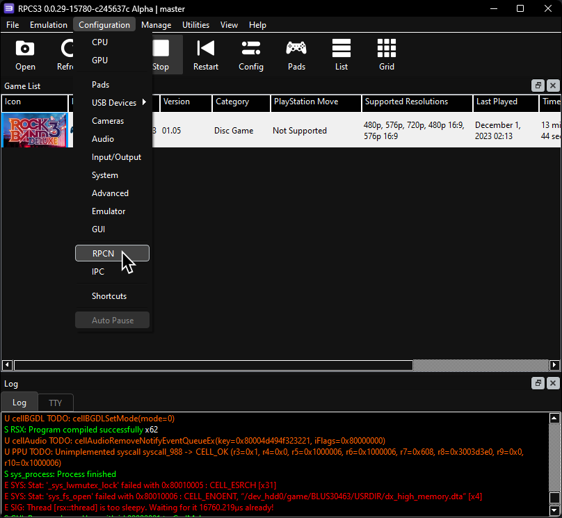 A screenshot of RPCS3's Configuration with "RPCN" highlighted