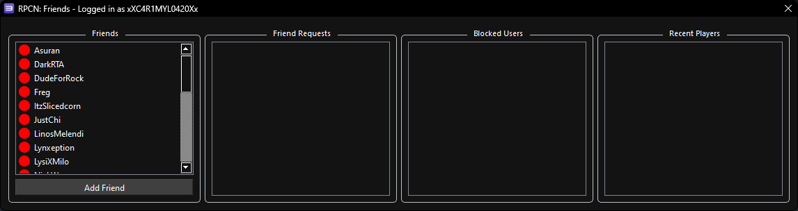 A screenshot of RPCN's Friends window.