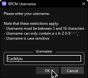 A screenshot of RPCS3's RPCN: Username menu with a username set and "OK" highlighted