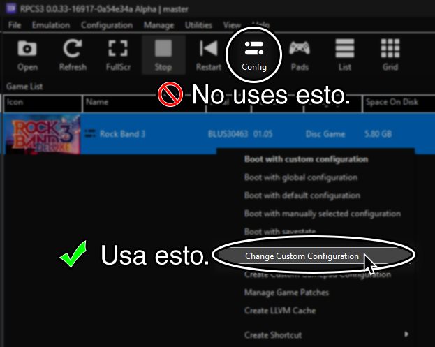 Una captura del menu despegable de RPCS3, monstrando "Change Custom Configuration resaltado