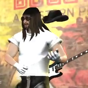 A screenshot of Rock Band 3, with a character displaying severe texture issues.