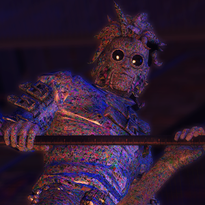 A screenshot of Rock Band 3, with a character displaying severe texture issues.