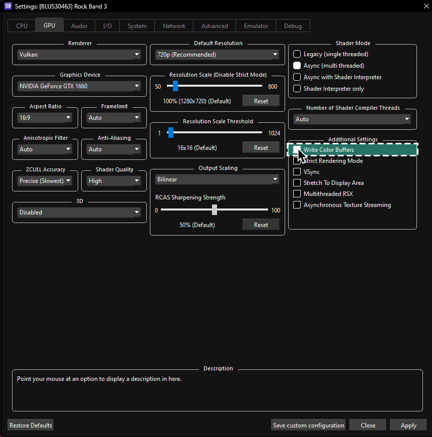 Una captura de la configuración personalizada de la GPU de Rock Band 3, resaltando Write Color Settings en un cuadro verde con una línea discontinua.