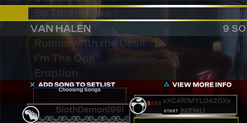 A screenshot of Rock Band 3, showing songs with a darker color as they are disabled.