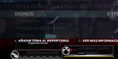 A screenshot of Rock Band 3, showing songs with a darker color as they are disabled.