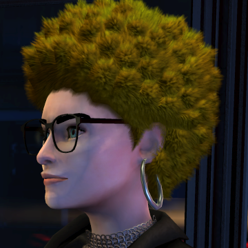 A screenshot of Rock Band 3, with a character showing the The Natural haircut.