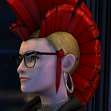 A screenshot of Rock Band 3, with a character showing the Trihawk haircut.