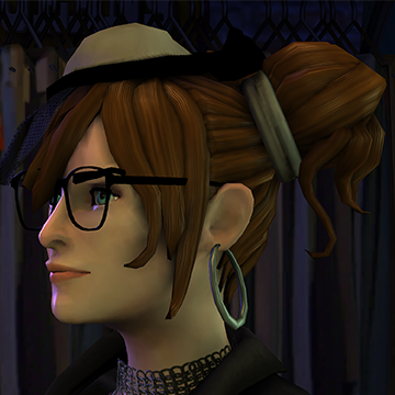 A screenshot of Rock Band 3, with a character showing the Angel of the Mourning hat.