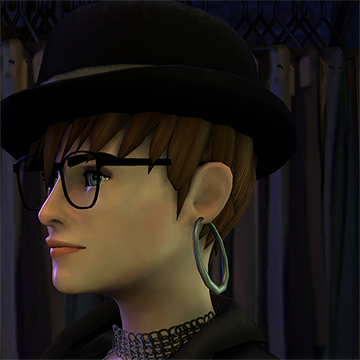 A screenshot of Rock Band 3, with a character showing the Holy Bowler /w Short Hair hat.