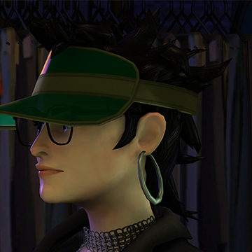 A screenshot of Rock Band 3, with a character showing the Super Visor hat.