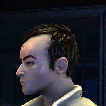 A screenshot of Rock Band 3, with a character showing the Most Likely to Recede haircut.