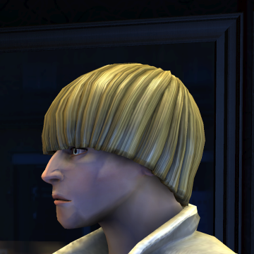 A screenshot of Rock Band 3, with a character showing the Sleek Mop haircut.