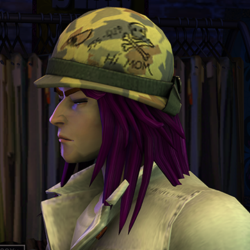 A screenshot of Rock Band 3, with a character showing the Army Helmet /w Long Hair hat.