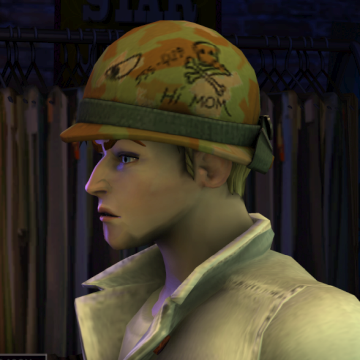 A screenshot of Rock Band 3, with a character showing the Army Helmet /w Short Hair hat.