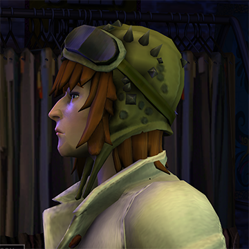 A screenshot of Rock Band 3, with a character showing the Aviator Cap hat.