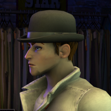 A screenshot of Rock Band 3, with a character showing the Holy Bowler /w Short Hair hat.