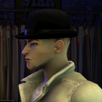 A screenshot of Rock Band 3, with a character showing the Holy Bowler hat.