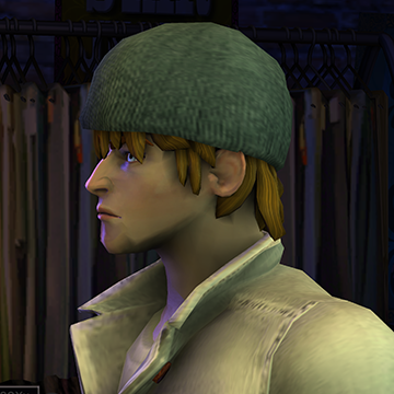 A screenshot of Rock Band 3, with a character showing the Knit Cap hat.