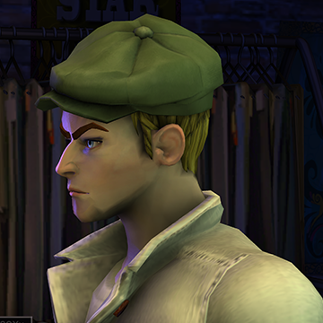 A screenshot of Rock Band 3, with a character showing the Newsie hat.