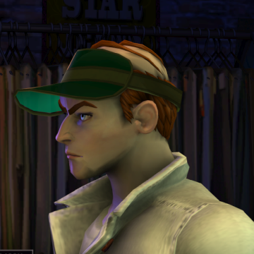 A screenshot of Rock Band 3, with a character showing the Super Visor /w Short Hair hat.