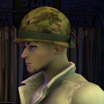 A screenshot of Rock Band 3, with a character showing the You and What Army Helmet hat.