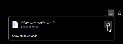 The rb3_ps3_guitar_glitch_fix.7z archive in a browser's download tray.