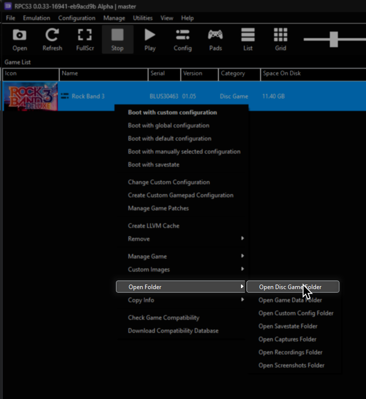 A RPCS3 with Open Disc Game Folder, within the Open Folder menu, highlighted and with a cursor over it.