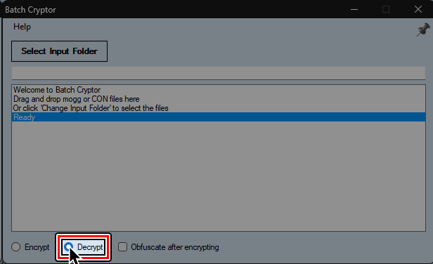 A screenshot of Batch Cryptor. The mode has been switched to "Decrypt."