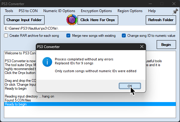 A screenshot of Nautilus's PS3 Converter. It has just finished replacing custom songs without numeric IDs.