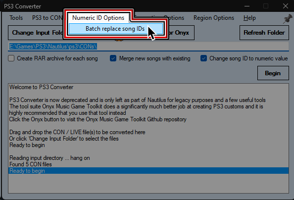 A screenshot of Nautilus's PS3 Converter. A cursor hovers over "Batch replace song IDs" under the "Numeric ID Options" menu.