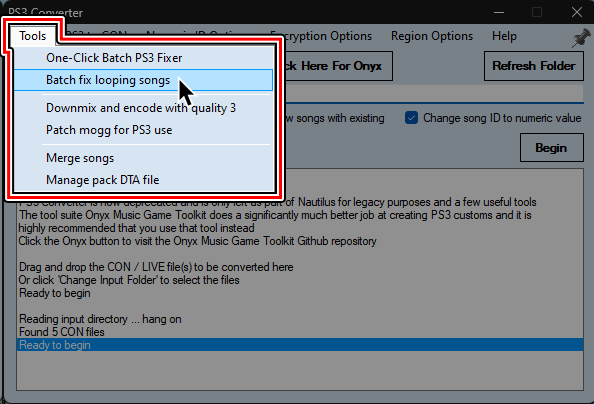 A screenshot of Nautilus's PS3 Converter. A cursor hovers over "Batch fix looping songs" under the "Tools" menu.