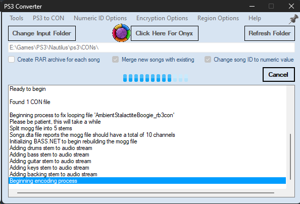 A screenshot of Nautilus's PS3 Converter. It is in the process of fixing a looping file.