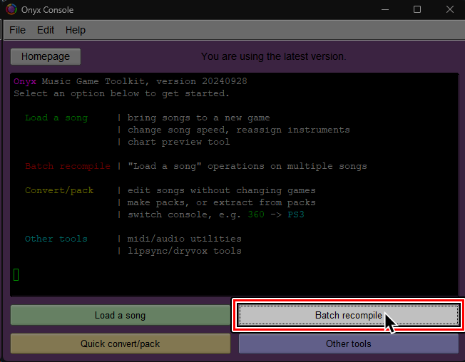 Una captura de la pantalla principal de Onyx. A cursor hovers over "Batch recompile."