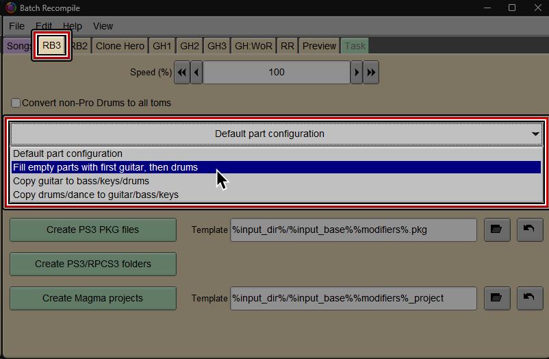 A screenshot of Onyx's Batch Recompile window. Under the "RB3" tab, "Fill empty parts with first guitar, then drums" is selected.