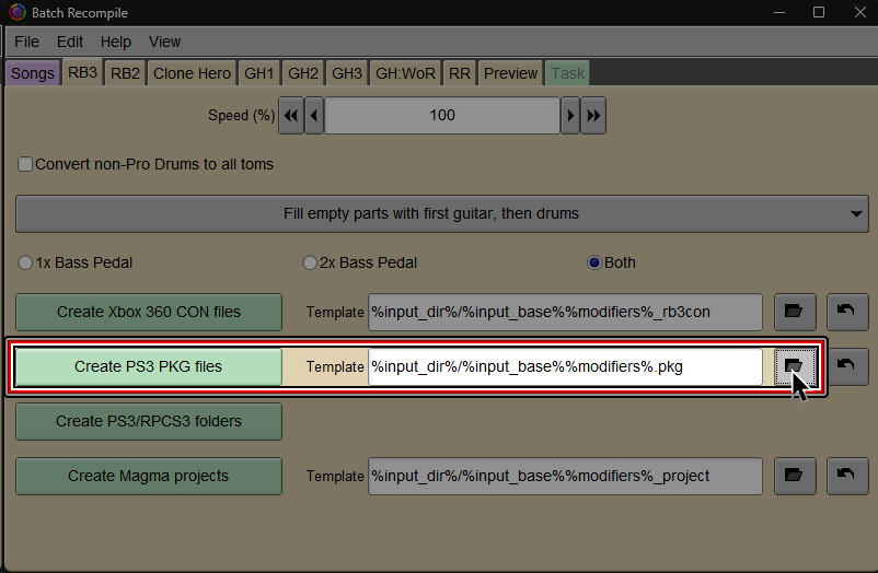 A screenshot of Onyx's Batch Recompile window. Under the "RB3" tab, "Create PS3/RPCS3 folders" is selected.