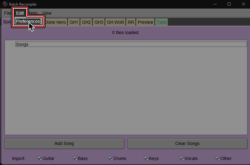 A screenshot of Onyx's Batch Recompile. The "Edit" menu has been expanded and "Preferences" is selected.