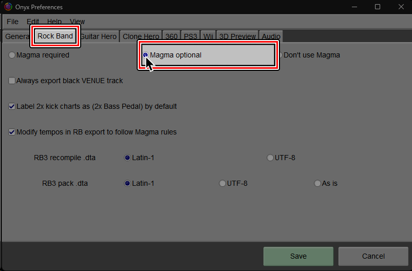 A screenshot of Onyx's Preferences window. Under the "Rock Band" tab, "Magma optional" is selected.