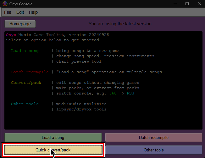 Una captura de la pantalla principal de Onyx. El cursor esta sobre "Quick convert/pack."