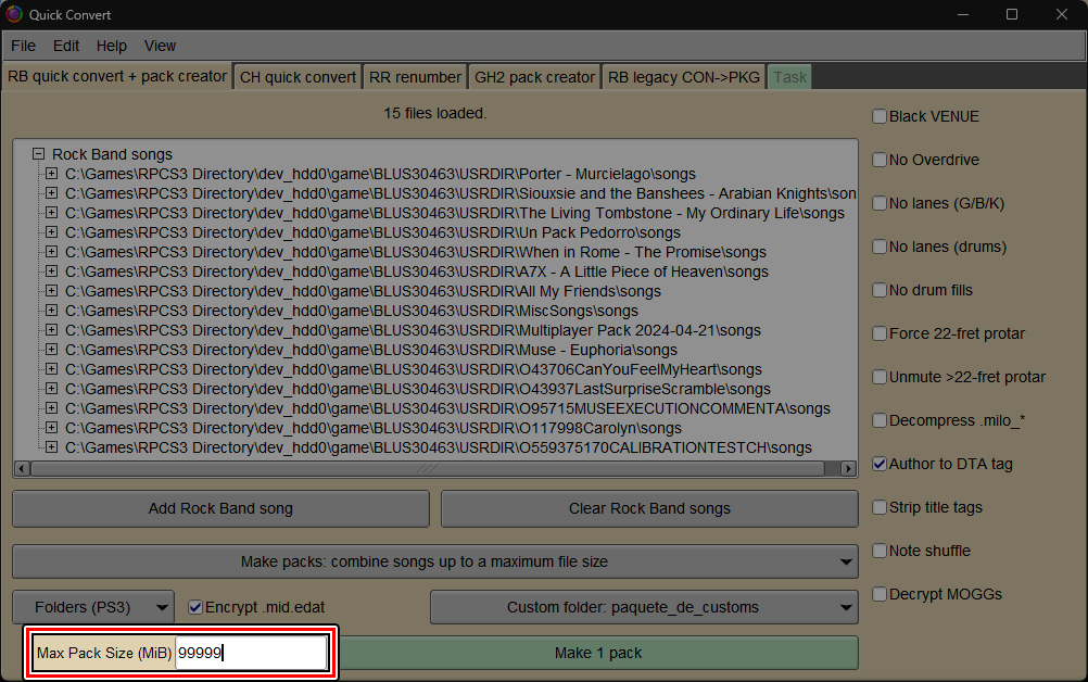 Una captura de la pantalla de Quick Convert dentro de Onyx. "Max Pack Size (MiB)" esta puesto en "99999".