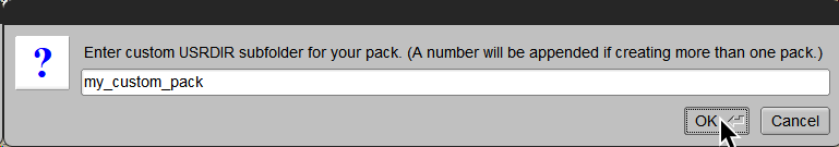 A screenshot of Onyx's USRDIR naming popup. The pack has been named "my_custom_pack."