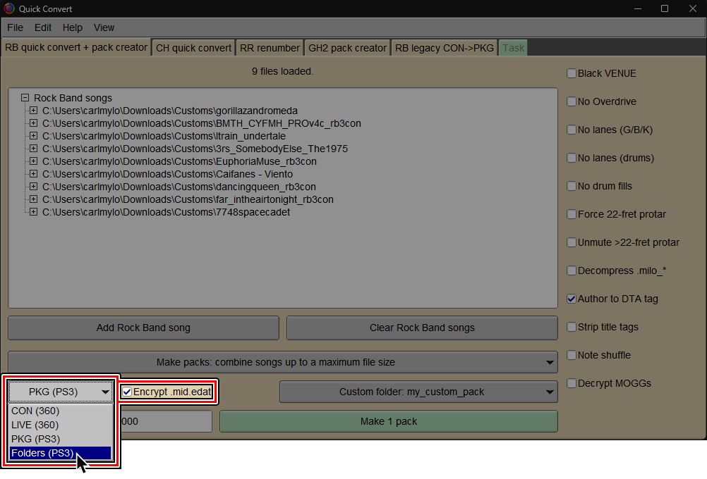 A screenshot of Onyx's Quick Convert screen. The cursor is selecting "Folders (PS3)" and "Encrypted .mid.edat" has been enabled.
