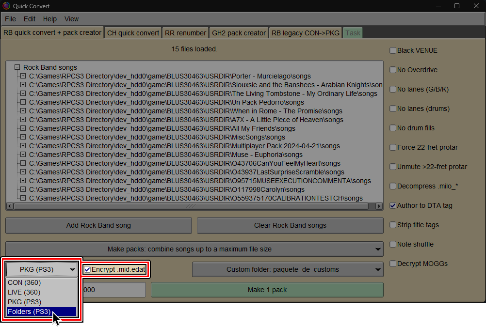 Una captura de la pantalla de Quick Convert dentro de Onyx. El cursor esta sobre "Folders (PS3)" y "Encrypted .mid.edat" esta activado.