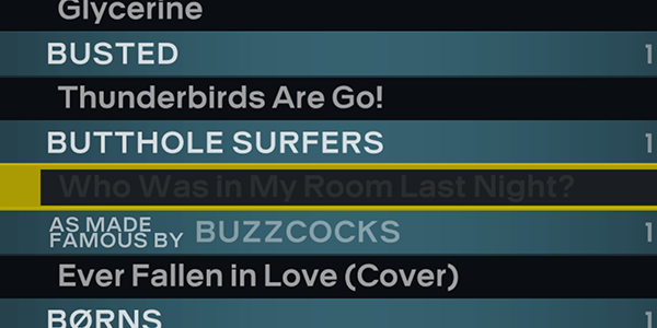 A screenshot of Rock Band 3's song library. It shows as greyed out song.