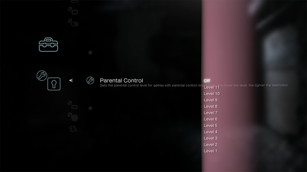 A screenshot of the parental control menu in PlayStation 3's XMB home menu. The level is set to "Off".