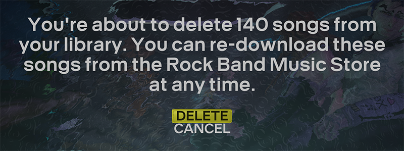 A screenshot from Rock Band 3, warning the user that they're about to delete many songs from the library.