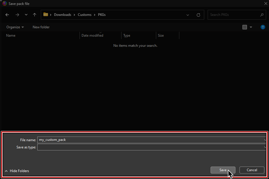 A screenshot of a file browser window. The file name has been set to "my_custom_pack"