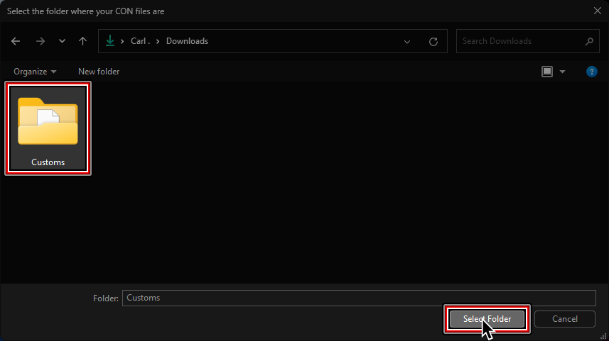 A screenshot of a file browser window. A folder named "Customs" is selected and the cursor is over "Select folder."