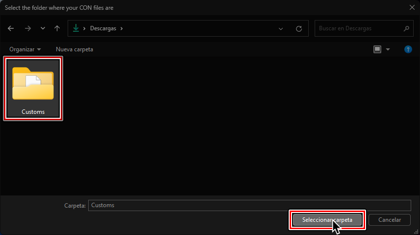 Una captura de un explorador de archivos. Una carpeta llamada "Customs" esta resaltada y el cursor esta sobre "Seleccionar carpeta."