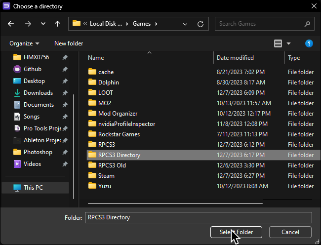 A screenshot of RPCS3's "Choose a directory" window, selecting the created folder.